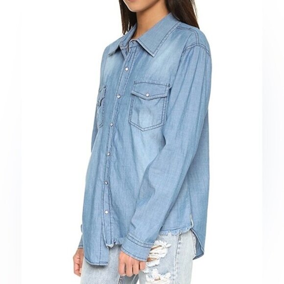 Revolve One Teaspoon Denim Button Down Shirt Chambray Frayed Blue Size XS - Picture 5 of 16